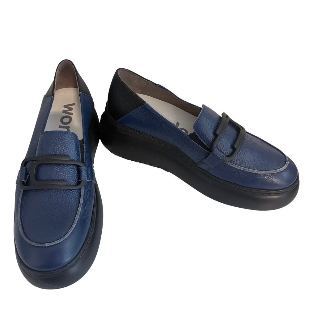 Wonders Spain Navy Blue Textured Leather Wedge Platform Loafers Slip On Preppy